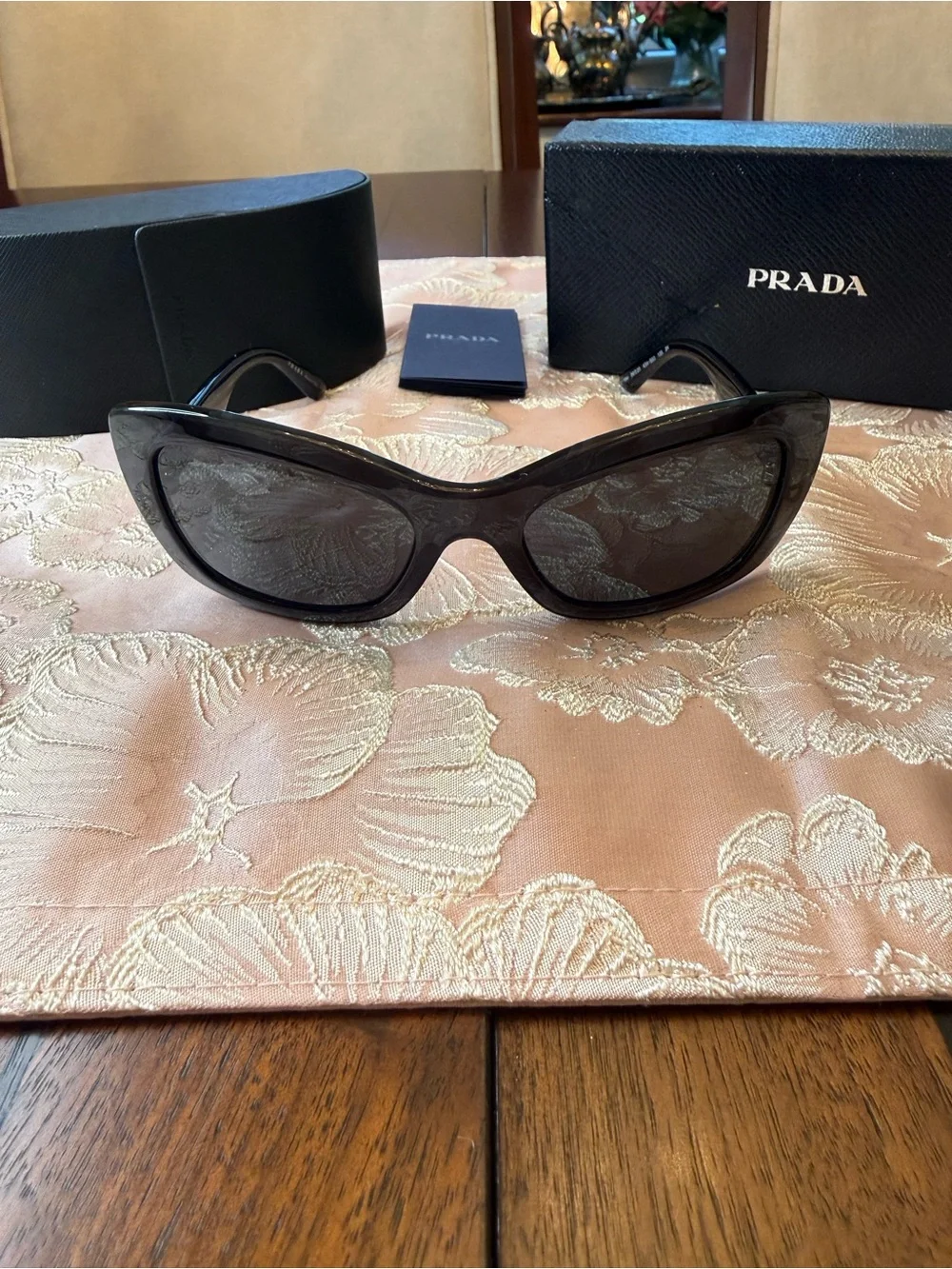 Prada SPR 19M Sunglasses Translucent Black Rectangle Cat Eye Made in Italy